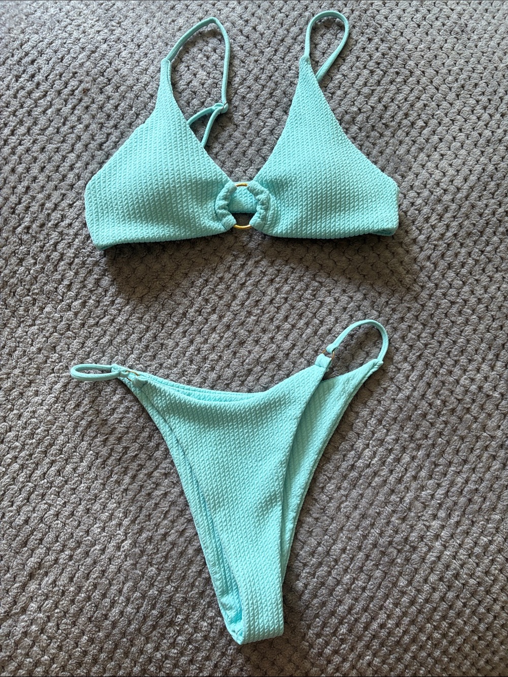 SHEIN Mint Textured Ring-Front Bikini Set